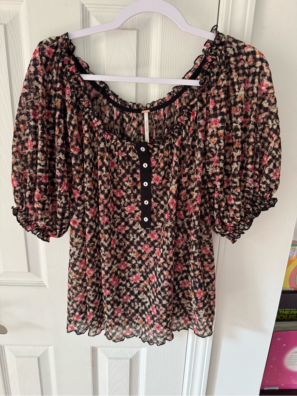 Free People Floral Smocked Puff Sleeve Blouse - Black with Pink Floral